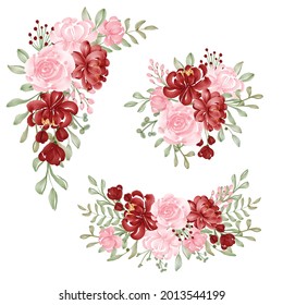 watercolor set of flower arrangement red and pink