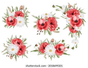 watercolor set of flower arrangement with red poppy flower