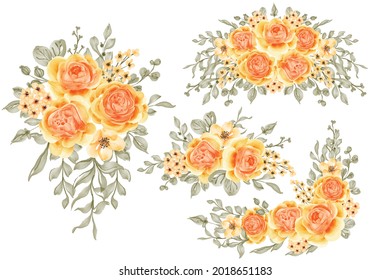 watercolor set of flower arrangement rose talitha yellow orange and leaves