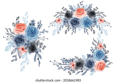 watercolor set of flower arrangement rose orange blue and leaves