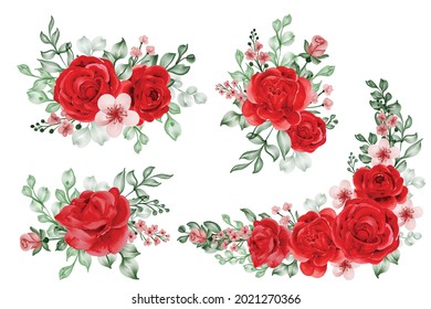 watercolor set of flower arrangement rose red and leaves, rose red floral bouquet for wedding invitation