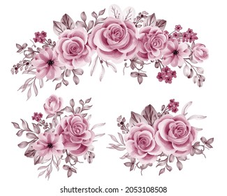 watercolor set of flower arrangement with rose pink gold