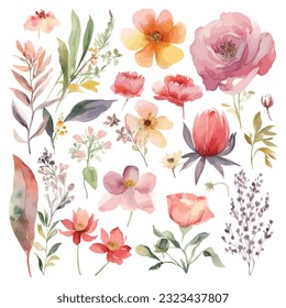 Watercolor set flower of leaves and floral