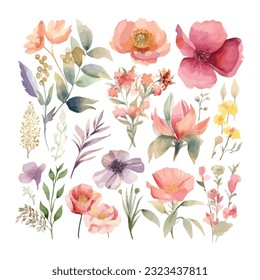 Watercolor set flower of leaves and floral