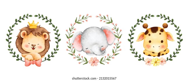 Watercolor set of flower wreath and safari animals 