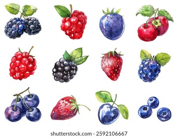 Watercolor set of forest berries png. Blueberry, raspberry, strawberry, lie and other berries. Summer berries on an isolated background. Vector illustration