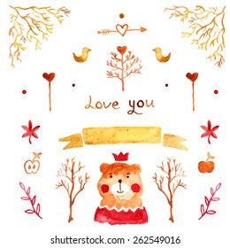 Watercolor set with forest elements: trees, cute bear, heart, leaf, branch, apple. Bright design for kid party. Gold invitation design. Background with bear princess with crown.