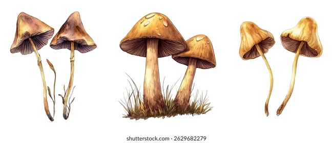 Watercolor set of forest mushrooms png. Watercolor toadstool mushrooms on isolated background. Concept of forest romlin tp mushrooms. Vector illustration.