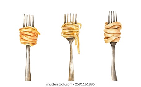 Watercolor set of forks with wrapped spaghetti. Silver forks with spaghetti, noodles, etc. Dinner concept. Italian cuisine. Elements for menu, dinner and other food designs. Vector illustration.