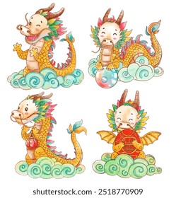 Un conjunto de acuarela de cuatro coloridos dragones de dibujos animados lindos con motivos de Asia Oriental.