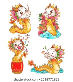 A watercolor set of four whimsical cute cartoon dragons with vibrant colors, floral elements, and playful expressions. 