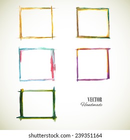 Watercolor set frame. Colorful texture frame. Vector handmade design elements. Vintage set frame . Art advertising template. Grunge color frame. Sketch frame. Orange, blue, green, violet frame.