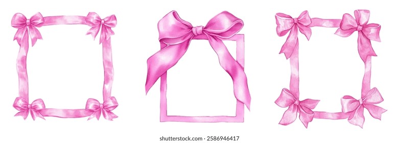 Watercolor set of frames from satin pink ribbons decorated with bows. Frames for greeting cards, wedding and birthday, picnic invitations in cute elegant coquette style. 