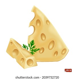 Watercolor set of fresh piece of maasdam cheese. Hand drawn 3d vector illustration of cheese on white background. Elements for label design, market, menu, party decoration, restaurant.