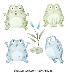 watercolor set of funny frog in difference action with stand and jump with lotus leaf and flower on white background, vector illustration