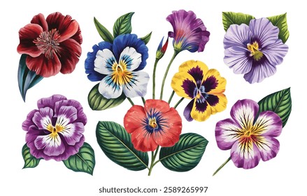 Watercolor set of garden flowers hand drawn illustration.  Botanical illustration, spring flowers floral set. 