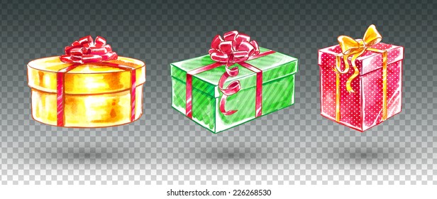 Watercolor set of gift boxes. Isolated.