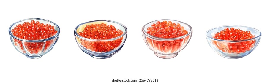 Watercolor set of glass bowls with red caviar png. Lightly salted red caviar of pink salmon, catfish, salmon, etc. Seafood. Concept of lightly salted seafood.