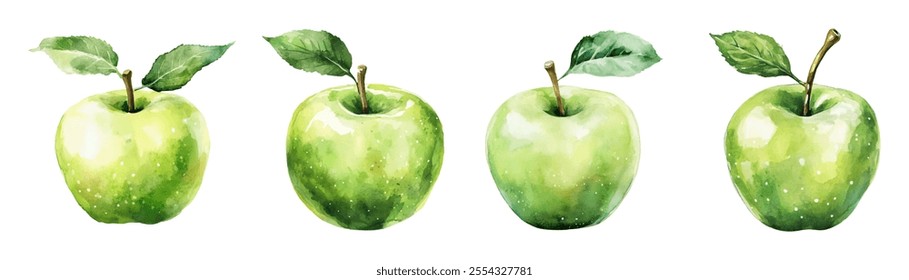 Watercolor set of green apples png. Concept of healthy eating and vitamins. Green apple with leaves in cartoon watercolor style. Vector illustration.