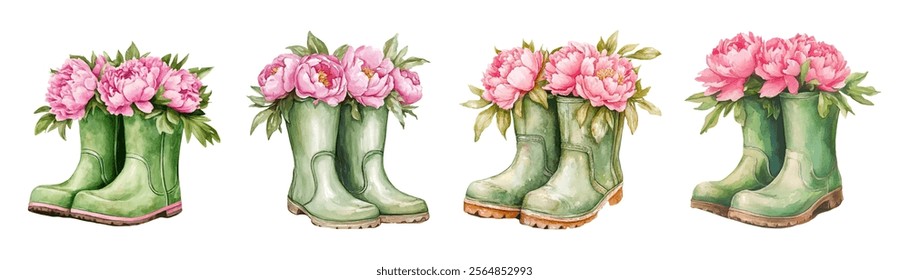 Watercolor set of green boots with pink peonies. Spring boots filled with watercolor pink peonies flowers. Hello spring. Watercolor spring elements.