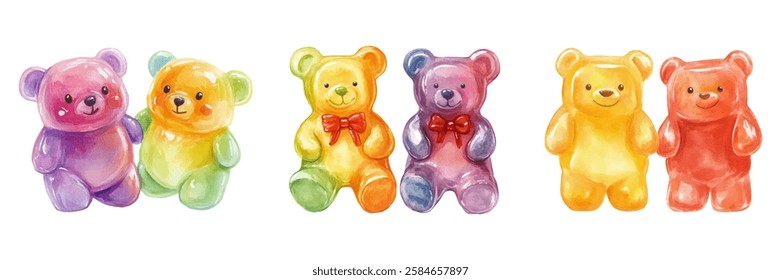 Watercolor set of gummy bears png. Pair of colorful gummy bears in cartoon style. Jelly sweets. Vector illustration.