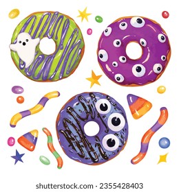 Watercolor set of Halloween spooky donuts. isolated colorful trick or treat donuts with creepy eyes 