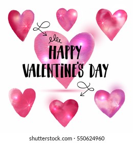 Watercolor  set of hand drawn hearts. Design Valentine day illustration with lettering.
