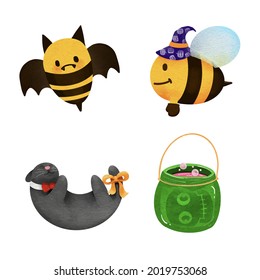 Watercolor set for hand-drawn Bee of for Halloween .illustration vector.