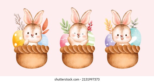 Watercolor set of Happy Easter rabbit with Easter eggs 