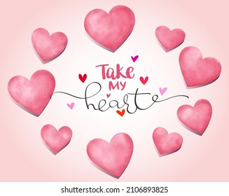 watercolor set of hearts, hand drawn vector illustration, design elements about love, st. valentine, wedding, etc.