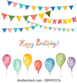 Watercolor Set For Holiday, Birthday Balloons, Flags,  Vector Illustration.