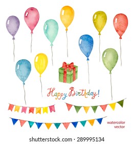 Watercolor Set For Holiday,birthday Balloons, Flags, Gift, Vector Illustration.