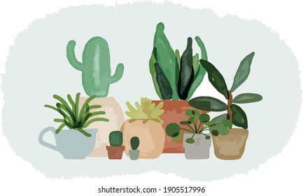 Watercolor set of home plants in pots in natural colors. Collection of indoor plants