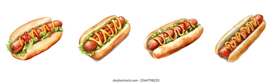 Watercolor set of hot dogs png. Appetizing hot dogs with wheat bun, sausage poured with ketchup and mustard and decorated with lettuce leaves. Watercolor mustard fast food.