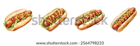 Watercolor set of hot dogs png. Appetizing hot dogs with wheat bun, sausage poured with ketchup and mustard and decorated with lettuce leaves. Watercolor mustard fast food.