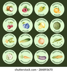 Watercolor set of icons vegetables and fruits, vector illustration.