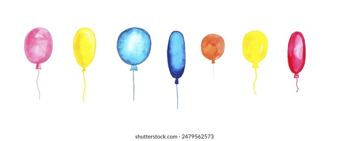 Watercolor set of inflatable balloons. Vector hand-painted birthday decor elements. Colorful bright balls for holiday.