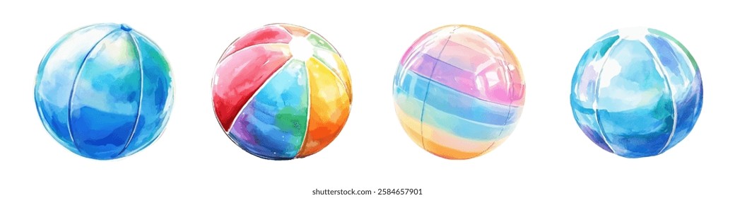 Watercolor set of inflatable beach balls png. Striped rubber inflatable balls in bright colors for the pool or sea. Concept of beach games and summer fun. Vector illustration.