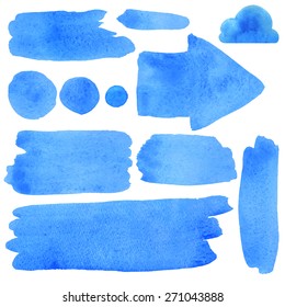 Watercolor set of isolated blue spots, stripes, arrow, cloud, brush strokes, circles isolated on white background. Hand painting on paper