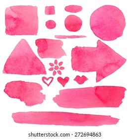 Watercolor set of isolated on white background pink paint stains, brush strokes, hearts, arrow, flower, lipstick kiss, circles, squares, triangle, stripes, lines. Hand painting on paper