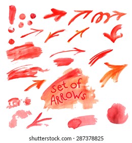 Watercolor set of isolated on white background red paint stains, brush strokes, arrow  lines. Hand painting on paper