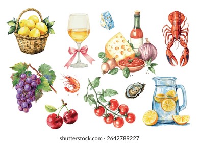 Conjunto aquarela de produtos italianos e mediterrânicos. Cesta de limões, copo de vinho, lagosta, cacho de uvas, camarão, ostra e outros. Comida da cozinha italiana e mediterrânea. 