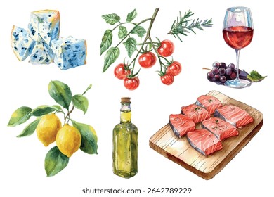 Watercolor set of Italian products and food png. Blue cheese with mold, glass of red wine, branch of tomatoes and lemons, bottle of olive oil. Concept of preparing dinner. Italian and mediterranean.