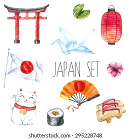 Watercolor set of Japan. Hand draw Japanese design elements:Torii gate,origami bird,Japan flag,lacky cat,Japanese lantern and fan,geisha shoes.