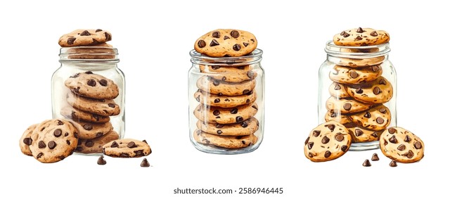 Watercolor set of jars with American cookies. American cookies with chocolate chips stacked in a glass jar. Concept of sweets, cookies, etc. Vector illustration.