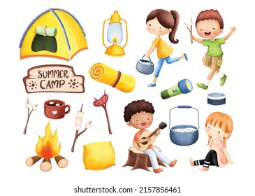 Watercolor set of kids and summer camp