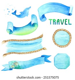 Watercolor set of labels with marine background.