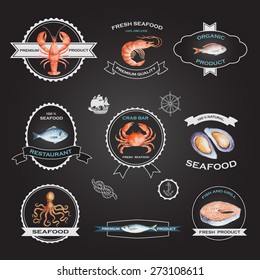 Watercolor set of labels and symbols on a chalk Board for your design, vector illustration.