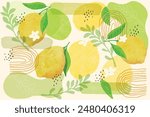 Watercolor set of lemons. Lemon segments. Watercolor Hand Painted Lemons and Blossoms Pattern, Clip Art. Spring, Summer Concept Background.