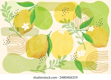 Watercolor set of lemons. Lemon segments. Watercolor Hand Painted Lemons and Blossoms Pattern, Clip Art. Spring, Summer Concept Background.